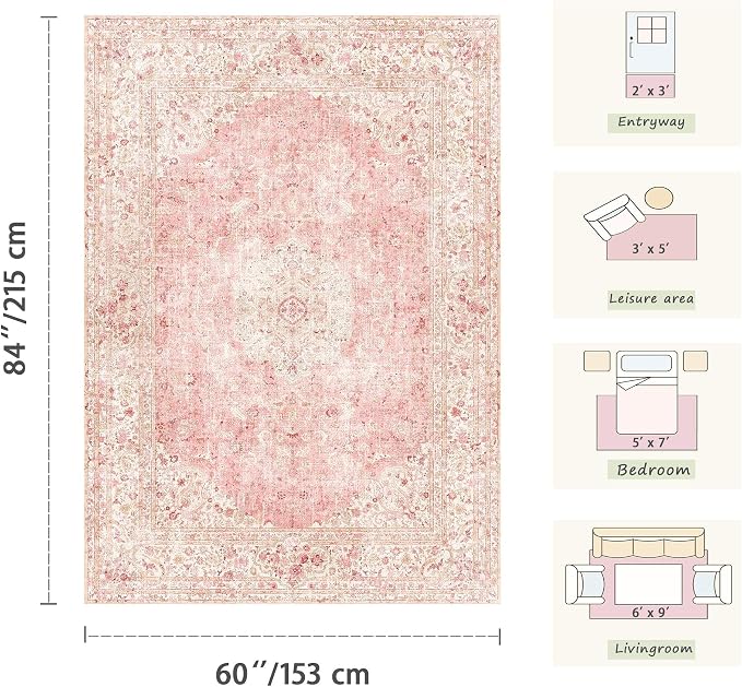 Latte&Fog 3x5 Entryway Pink Area Rugs, Vintage Floral Washable Rugs | for Girls Bedroom Dining Kitchen Kids Playroom Nursery Classroom Dorm Farmhouse Office, Non Slip Low Pile Soft Floral Carpet