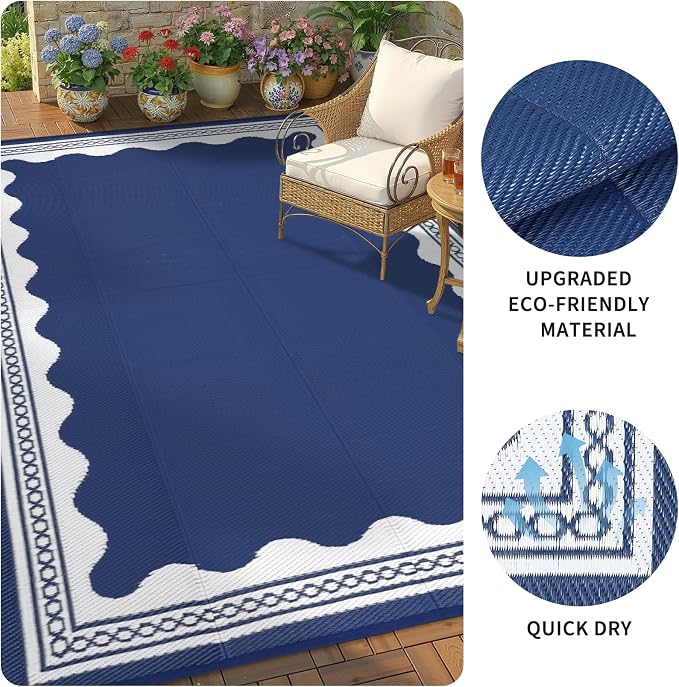 Garvee Outdoor Rug 5x8 Scalloped Waterproof Patio RV Outdoor Rugs Reversible Foldable Plastic Straw Rug Modern Camping Carpet for Deck Camper Porch Balcony Backyard Picnic Beach Dark Blue