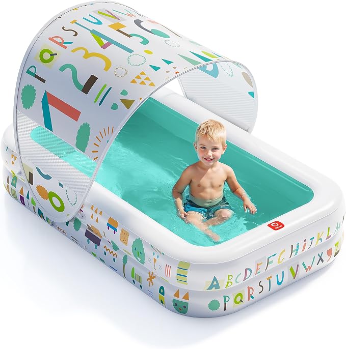 QPAU Baby Pool with Canopy, Inflatable Design, 65 x 39 in, Green | Inflatable Design with Soft Cushioned Floor, Converts to a Ball Pit for Kids and Toddlers, for Indoor and Backyard Play