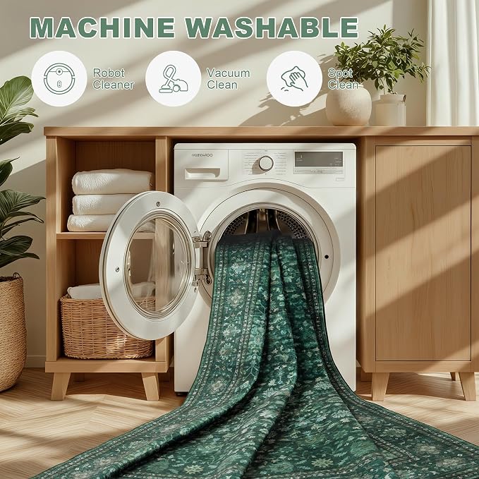 10x14 Area Rugs Living Room: Washable Rug for Bedroom Deep Green | Vintage No Slip Stain Resistant Rug Soft Indoor Decor Floor Floral Area Rugs for Dining Room, Nursery, Hallway, Home Office