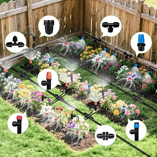250FT Drip Irrigation System for Garden with 20 Nozzles & Emitters, Garden Watering System with 1/2" & 1/4" Tube and Barbed Fittings - Adjustable Sprinklers Kit for Greenhouse, Lawn, Raised Bed