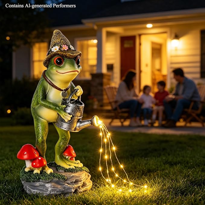 Solar Frog Statue for Garden with Watering Can Light 8.8" Resin Frog Figurine Outdoor Patio Porch Yard Decor Unique Birthday Housewarming Gifts for Women Mom Grandma Wife Sister