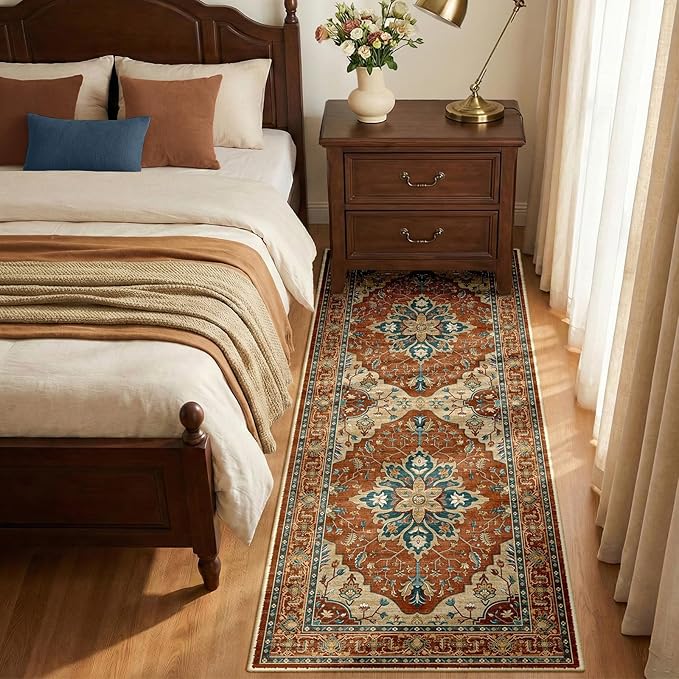 RELEANY Washable Area Rug, Runner 2'x6', Red/Orange/Blue/Brown | Non-Slip, Water Repellent, Pet Friendly, Easy to Clean, Vintage Floral Boho Decor for Kitchen Entry Bedroom Bedside Laundry