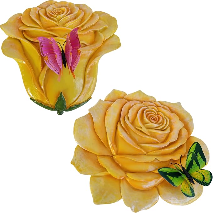 Garden Stepping Stones Outdoor Walkway – Resin Rose Flower Pavers for Path, Lawn & Backyard – Round Decorative Yard Art Decor, Friendship giveaways – Set of 2, Yellow