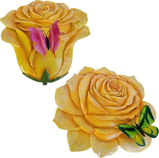 Garden Stepping Stones Outdoor Walkway – Resin Rose Flower Pavers for Path, Lawn & Backyard – Round Decorative Yard Art Decor, Friendship giveaways – Set of 2, Yellow