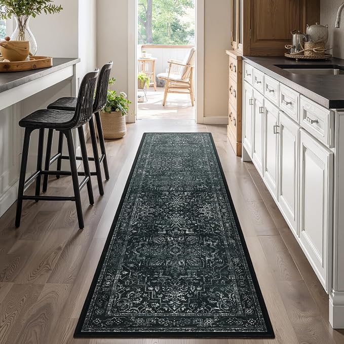 Black White 2x8 Kitchen Runner Rug, Washable Non Slip Hallway Entryway Runner Indoor, Low Pile Vintage Medallion Distressed Carpet Runners 8ft for Bedroom Bedside/Laundry Room/Bathroom