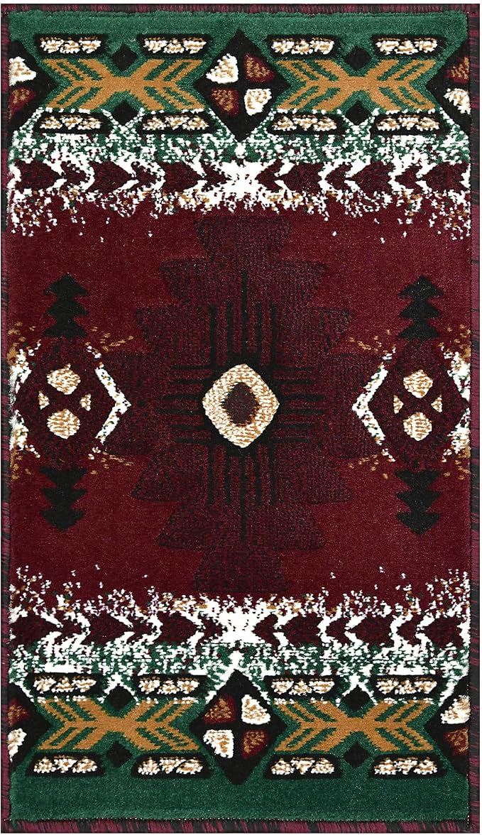 YHSF South West Native American Area Rug C318 - Easy Clean, Thick, Soft, Durable Native Tribal American Indian Inspired Rug for Bedroom/Living Room and More - Burgundy, 16 Inches x 28 Inches