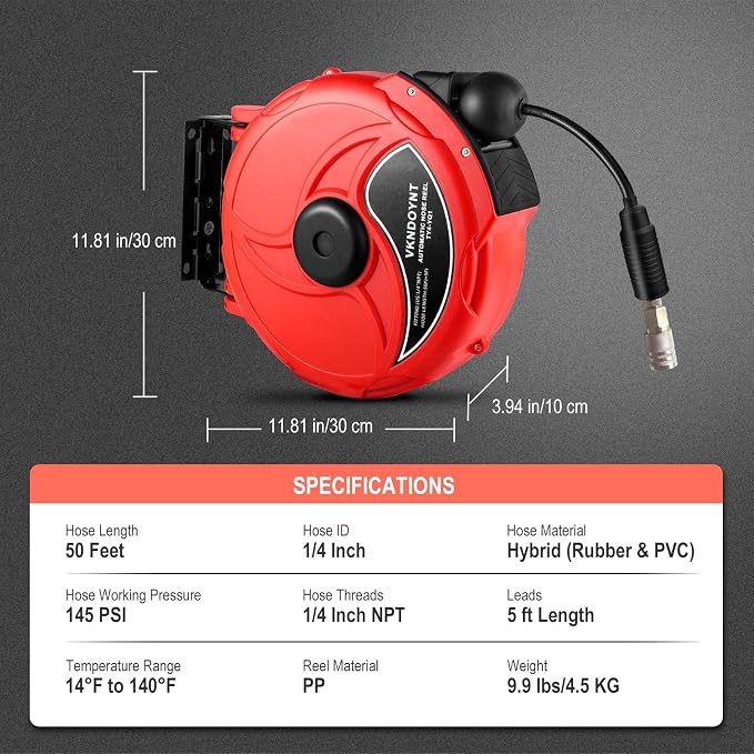 Retractable Air Hose Reel, 1/4 in x 50 FT Hybrid Polymer Hose, Air Compressor Hose Reel with 5 ft Lead in, Ceiling/Wall Mount Enclosed Air Reel, 180° Swivel Mount, Red/Black