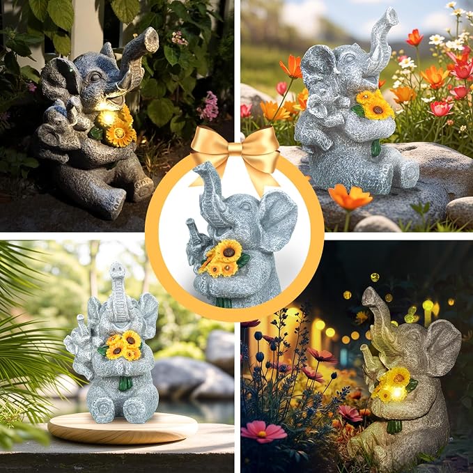Elephant gifts for Women, Solor Garden Statue, Elephant and Sunflower Figurine with Lights, Outdoor Decorations for Yard Backyard Patio Porch, Gifts for Mom Daughter Grandma Friend Gardener