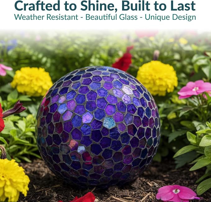 Sunnydaze 10" Mosaic Glass Gazing Ball for Garden, Globe for Outdoor Decor | Iridescent Purple, Decorative Sphere Fits Most Stands, Garden Ball for Outside, Flower Bed, Backyard, or Indoor Display