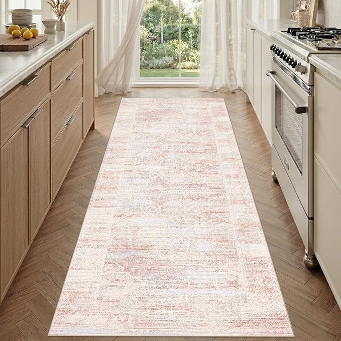 Latte&Fog Washable Hallway 2.6x8 Runner Pink Rug for Kitchen Non Slip | Low Pile Soft Cute Throw Rug Doormat for Entrance Bathroom Laundry Bedside Bedroom Nursery Playroom Hallyway Dorm Office