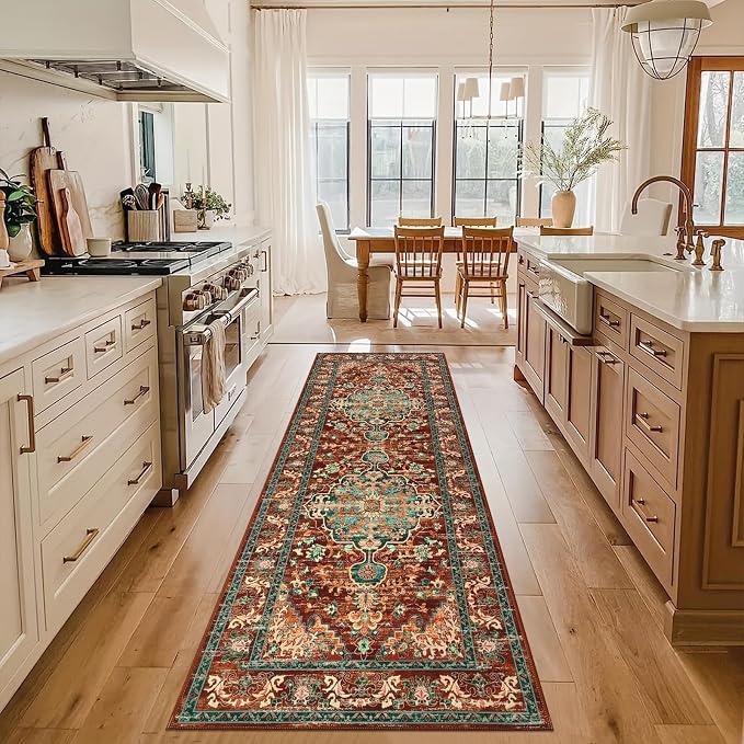 U'Artlines 2' x 6' Boho Hallway Runner Rug, Washable Carpet, Rust＆Teal | Non Slip, Vintage Farmhouse Accent Area Rug Carpet, for Kitchen Entryway Laundry and Living Room