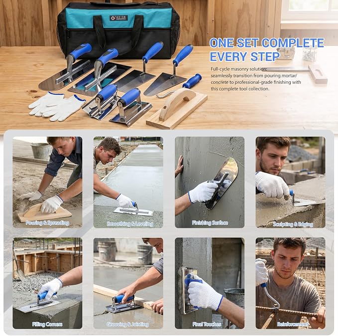 10PCS Concrete Trowel Set, Masonry Hand Tool Kit Includes Finishing Trowel, Pool Trowel, Wood Float, Edger, Groover, Margin Trowel, Wire Twister, Gloves & Carry Bag for Stucco and Cement Work