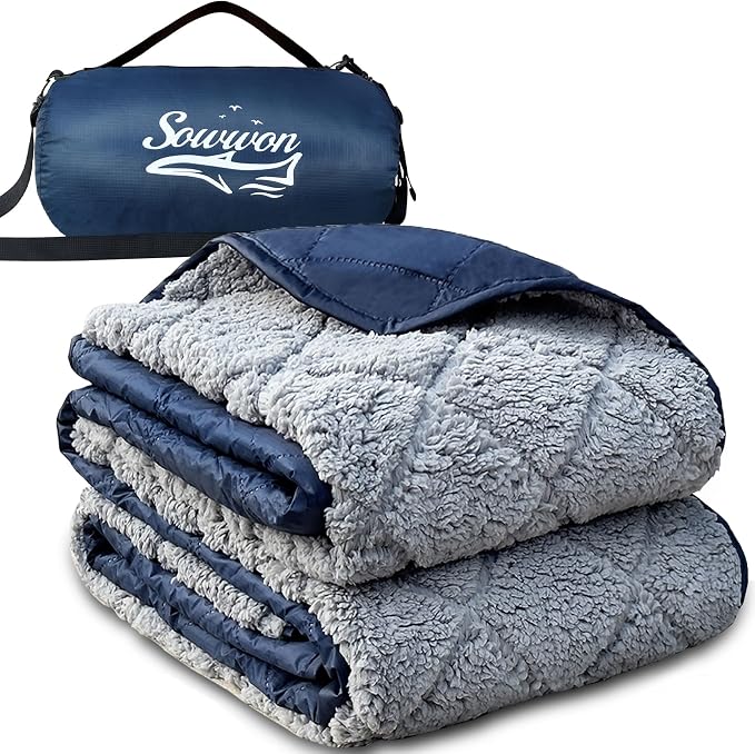 Waterproof Outdoor Blanket 92"x60" Large Sherpa Fleece 300GSM Navy | Stadium Blankets for Camping, Packable, Windproof Emergency Throw for Grass Picnic Hiking Road Trip, Machine Washable