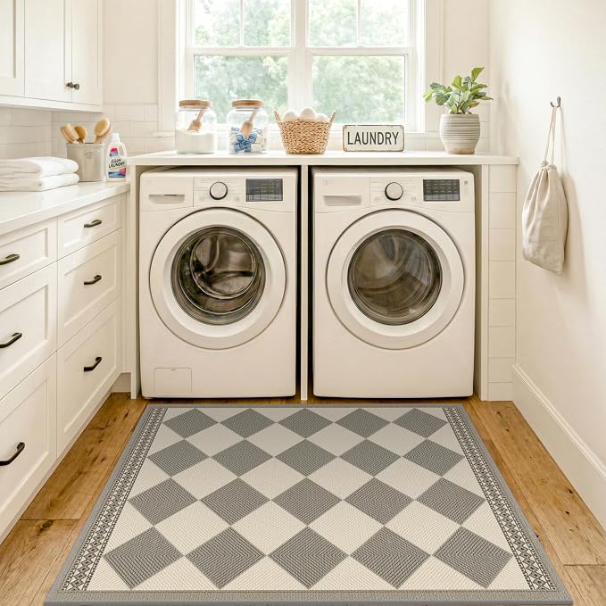 Beige Gray Diamond Easy Jute 3x4 Indoor Outdoor Rug, Checkered Farmhouse Geometric Decor Porch Entryway Carpet, Washable Non Slip Patio Rug for Laundry Room, Kitchen, Backyard or Mudroom