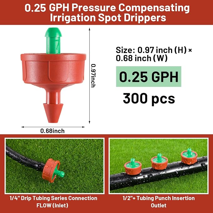 300 PCS 0.25 GPH Pressure Compensating Drip Irrigation Spot Watering Drippers/Emitters, Anti-Clog Self-Cleaning Drip Irrigation Emitters Heads Irrigation Drippers Parts for Seedlings, Mini Gardens