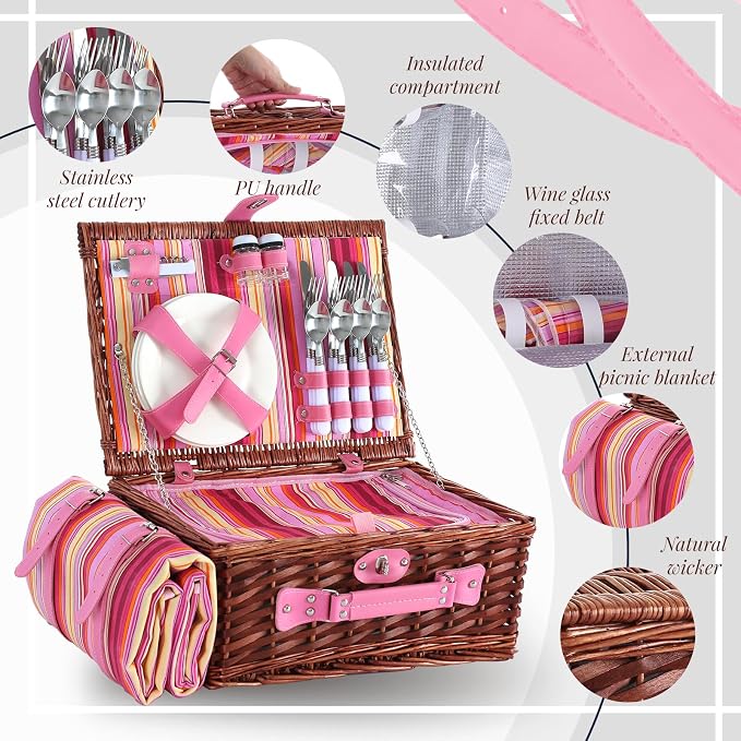Picnic Basket Set for 4 with Waterproof Blanket Mat Insulation Bag Wicker Pink Stripe Classic Fresh Gift for Christmas Thanksgiving Wedding Birthday Camp Outdoor Beach Travel
