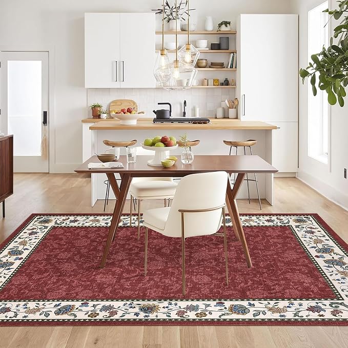 Garvee 6x9 Area Rugs Vintage Floral Washable Rugs Soft Rug | Red Boho Border Area Rug Stain Resistant Easy Cleaning Throw Rugs Non Shedding Low Pile Floor Cover for Nursery Dining Room