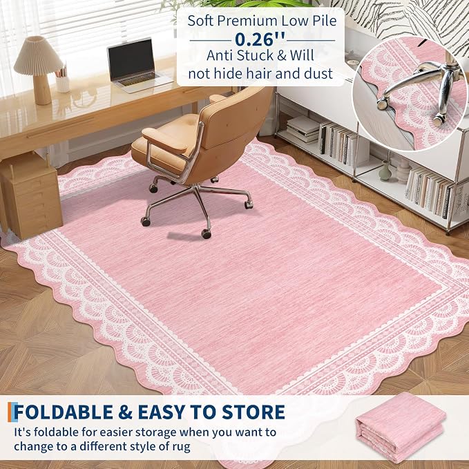 Garvee 2x6 Washable Scalloped Lace Runner Rug, Soft Rugs for Hallway Pink | Non Slip Entryway Rug, Scalloped Rug for College Playroom Kids Girls Room, Non-Shedding Low Pile Rugs Runner for Bedroom