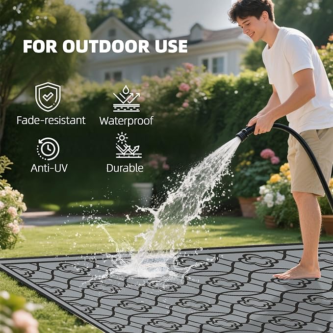 Outsunny Outdoor Rug for Patio, 9' x 18' Waterproof Large Mat, Reversible Plastic Straw Rug for Decor, Portable Outside RV Camping Area Carpet Mat for Backyard Porch Deck Picnic, Black & Gray Lantern