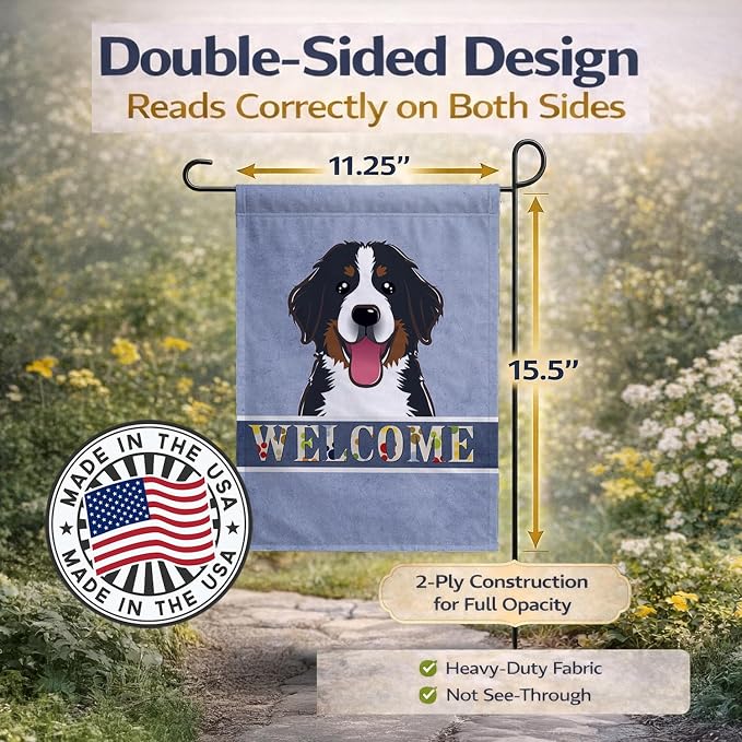 Caroline's Treasures BB1423GF Bernese Mountain Dog Welcome Garden Flag, Blue Mailbox Flag Decorative Yard Flag Banner Outside Patio Artwork Yard Flower Beds, Garden Size, Multicolor