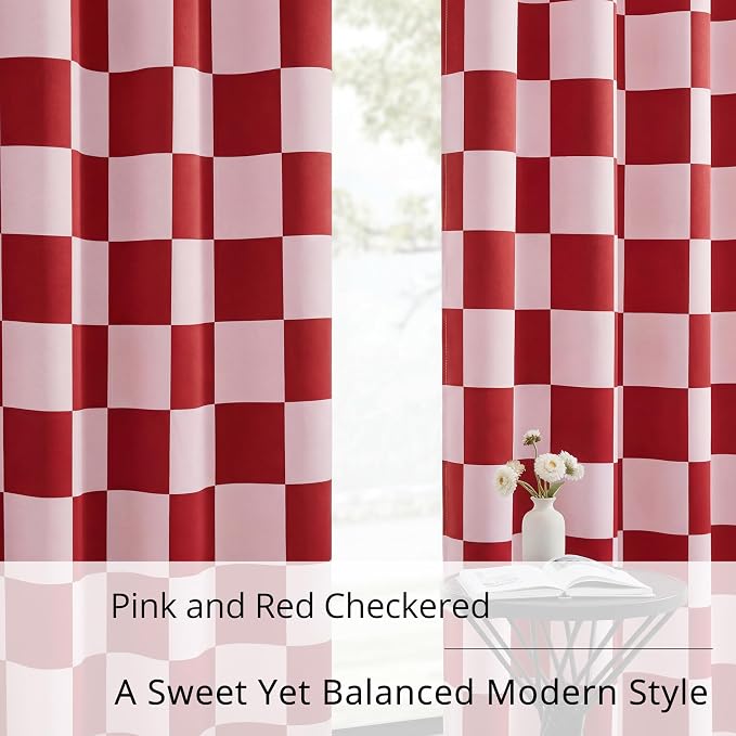 100% Blackout Checkered Curtains – 2 Panels, Each W52×L63, Thermal Insulated, Nosie Reducing for Bedroom, Modern Pink and Red Checkerboard Design for Girls Room