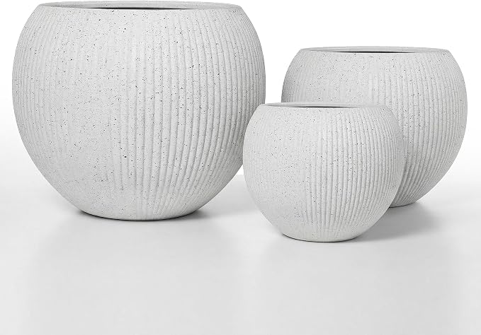 DTY Premium Mt Sherman Fiberstone Sphere Planter for Indoor Outdoor Use, Round Pot for Olive Tree, Lightweight, Smooth Finishes. 2 Coco Mats. Ribbed White, Medium 16.1'' D x 13.6'' H 11.8” Pot Opening