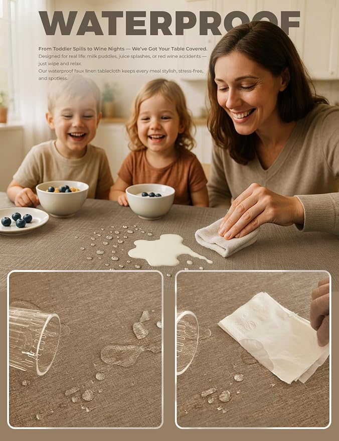Decorelia Faux Linen Farmhouse Table Cloth 52"x70" for Rectangle Dining Table, Coffee Waterproof Outdoor Washable Cloth Fall Tablecloth for Rectangular Kitchen Outdoor Party Restaurant Patio Table