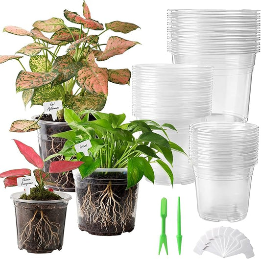36 Pack 6/8/10 Inch Clear Nursery Pots with Drainage Holes, Transparent Plastic Plant Pots with 40 Waterproof Tags and 2 Mini Transplant Tools, Clear Pot for Plants and Vegetables(Each Size 12)