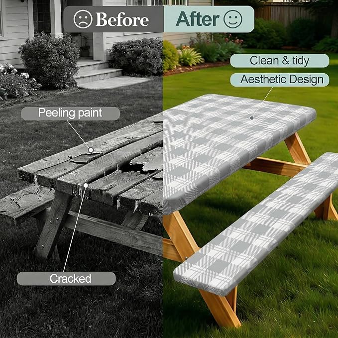 Picnic Table Cover with Bench Covers Camping Essentials Waterproof Windproof Camping Tablecloth with Drawstring Bag, Fitted Rectangle Tables and Seats, 72in, Grey Checkered