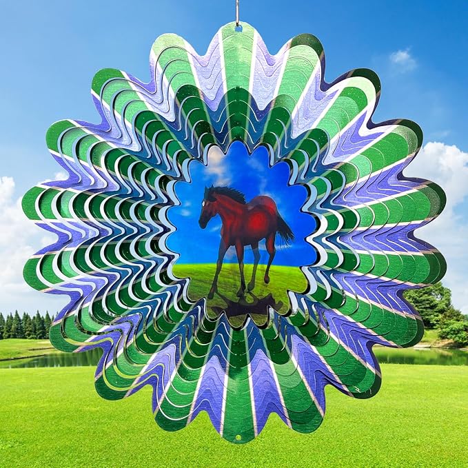 Animated Horse Wind Spinner- 3D Hanging Wind Sculptures & Catcher | 12 Inch Wind Spinners for Yard and Garden, Metal Kinetic Yard Art Outdoor Decor Memorial Gifts for Horse Lover Men Women Dad