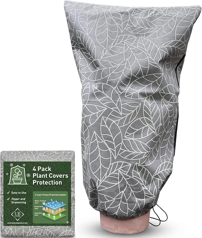 Plant Covers Freeze Protection 32"x47" in 4 Pack | Brown Winter Frost Blankets for Outdoor Plants | Reusable Garden Cover Bags with Zipper Drawstring | Cold Weather Shrub Protection Cloth