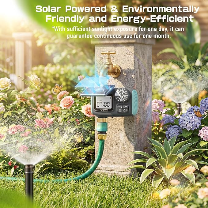 Solar Hose Timer, CyberOrd Sprinkler Timer Programmable with Brass Swivel, Programmable Faucet System for Garden Hose with Rain Delay/Manual/Automatic, Drip Irrigation System for Outdoor, Yard, Lawn