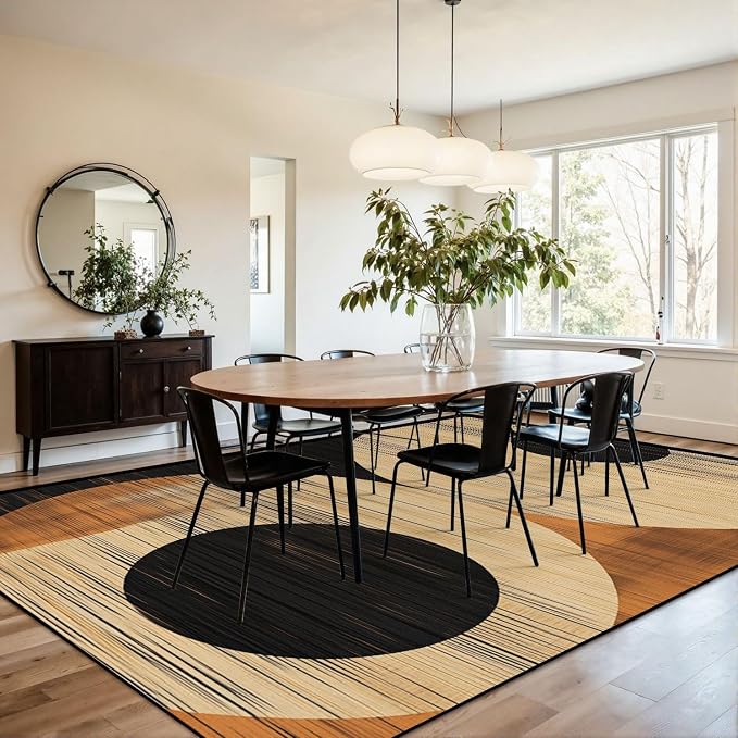 8x10 Area Rugs for Living Room Mid Century Boho Modern Geometric Black Brown Bohemian Abstract Half Washable Large Area Rug for Bedroom Non Slip Outdoor Carpets Soft Mats Kitchen Home Office Decor