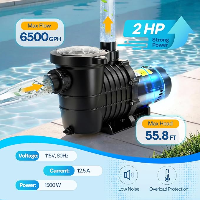 VIVOHOME 2.0HP 6500 GPH 115V Pool Pump, Self-Priming Energy Saving, 1.25" & 1.5" & 2" Inlet w/Strainer Basket for In/Above Ground Pools