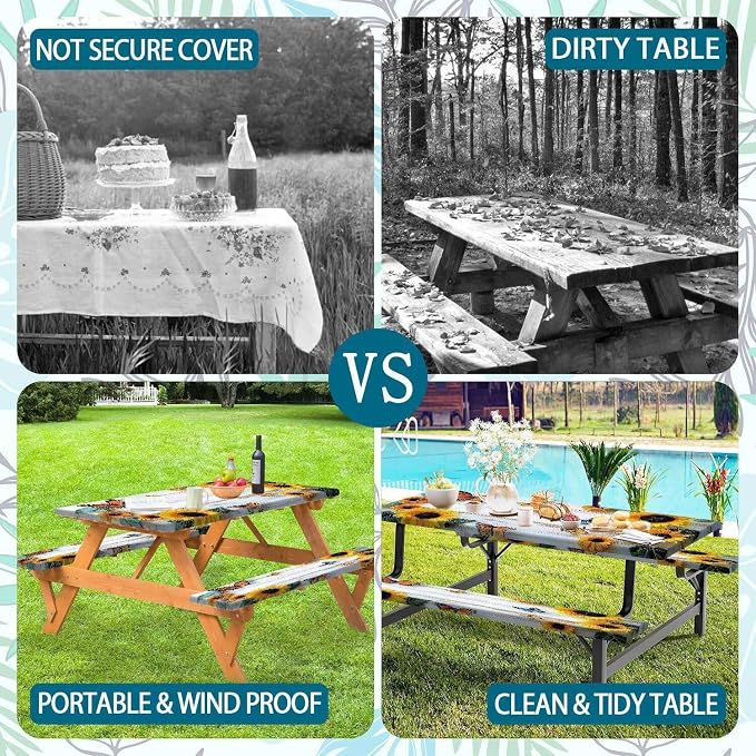 Picnic Table Cover with Bench Cover, Outdoor Patio Camping Essentials Farmhouse Sunflower Table Covers with Elastic Waterproof Camping Tablecloth with Drawstring Bag, 60In 3PCS