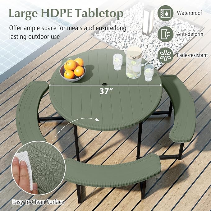 Giantex Picnic Table Bench Set for 4-8 Person, Round 37” Outdoor Dining Table w/Umbrella Hole, HDPE Tabletop, Metal Frame, Patio Furniture Set for Backyard Porch Lawn, 1400lb Capacity (Green,Round)