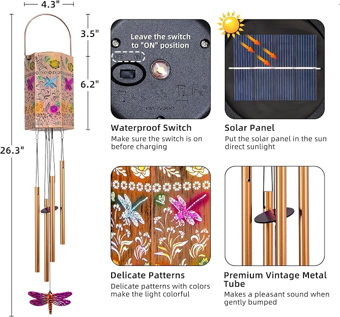 Dragonfly Solar Wind Chimes for Outside, Solar Lantern Outdoor Waterproof Lights for Home Garden Yard Decor, Birthday Gifts for Mom Grandma Women