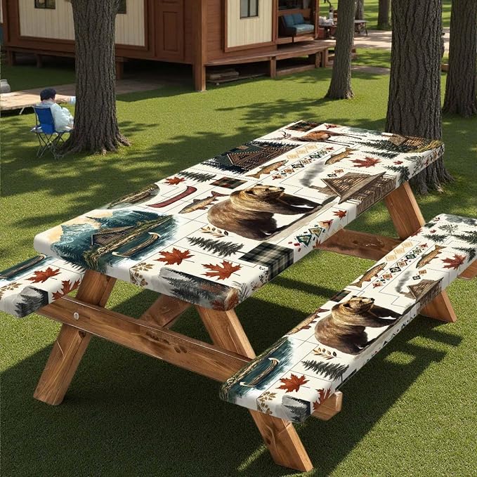 Picnic Table Cover with Bench Covers Camping Elastic Edge Essentials Waterproof Windproof Camping Tablecloth with Drawstring Bag, Fitted Rectangle Tables and Seats, 30X60 Inch, Rustic Cabin Bear Deer