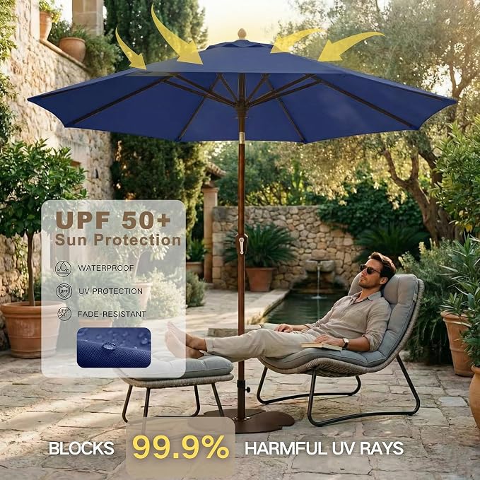 Kingdura 10FT Outdoor Patio Umbrella, Round Market Table Umbrella with Push‑Button Tilt and Crank Lift, 8 Sturdy Metal Ribs, UV50+ Protection Canopy for Backyard, Lawn, Deck, Poolside, Garden (Navy blue)