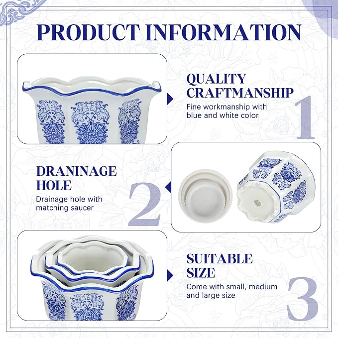 Briwooody Set of 3 Blue and White Porcelain Flower Pots 7.2'' 6'' 4'' Decorative Chinoiserie Plant Pots with Drainage Hole Saucers Ceramic Planters for Indoor Garden(Classic Style)