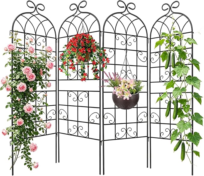 YOBAZAN 4 Pack 71x19.7in Rustic Iron Arch Decoration Garden Trellis with Black Metal Coating – Perfect for Supporting Climbing Plants Outdoor, Roses, Vines, Flowers, and Vegetables.