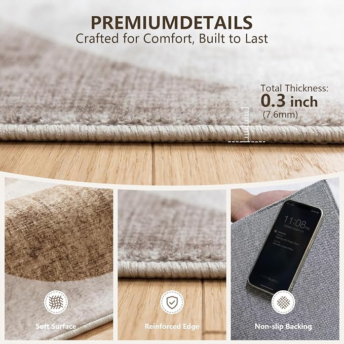 Washable Area Rug 6x9, Large Soft Rugs for Living Room Brown Carpet 6x9 Area Rugs for Bedroom Dining Room Non-Slip Stain Resistant Under Table Rug