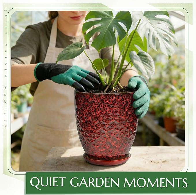 11.8 Inch Flower pots for Indoor Plants,Ceramic Planter with Saucer Drainage Leak-Proof Mesh Gardening Gloves (Diamond Red)