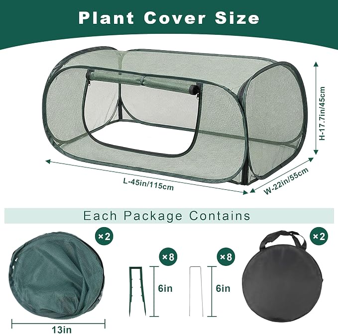 2Pack Garden Covers for Raised Beds, Pop-Up Mesh Plant Protect Covers, 30% Sunblock Plant Shade Tent, Crop Cage for Vegetable Seedling Against Birds, Animals, with 16 Stakes, L*W*H-45"X22"X17.7"
