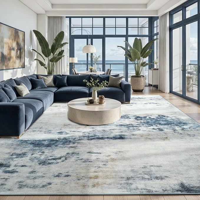 Toneed Washable 8x10 Area Rug with Non-Slip Backing for Living Room | Abstract Modern Rugs, Soft Low Pile Carpet for Bedroom Kitchen Dining Room Nursery Indoor Floor Office Home Decor, Blue/White