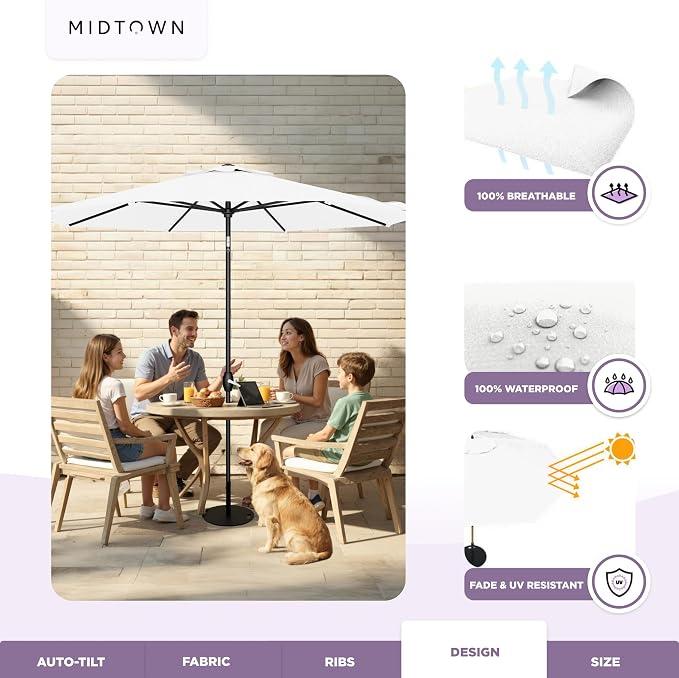 Midtown Umbrellas - 10-Year-No-Fade 8 Ft Patio Umbrella with Terylast Fabric, Auto-Tilt Aluminum Frame and 8 Reinforced Ribs for Deck, Pool, Garden & Beach - Ivory White Canopy, Black Pole