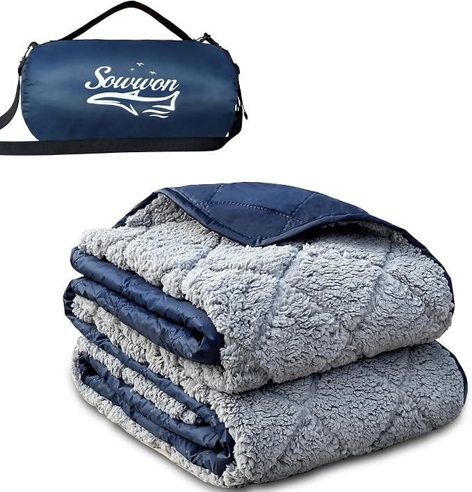 Waterproof Outdoor Blanket 62"x51" Sherpa Fleece 300GSM Navy | Stadium Blankets for Camping, Packable, Windproof Emergency Throw for Grass Picnic Hiking Road Trip, Machine Washable