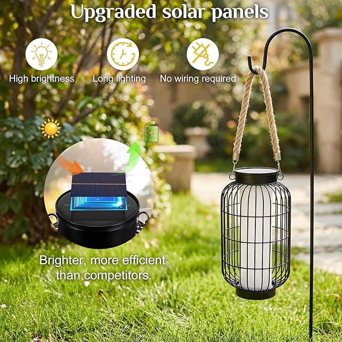 Large Solar Lanterns Outdoor Waterproof, Solar Lantern Metal Dual Charging (USB/Solar), Two Brightness Modes Decorative Solar Lights for Yard Patio Garden Front Porch Indoor Or Tabletop Decor (Black)