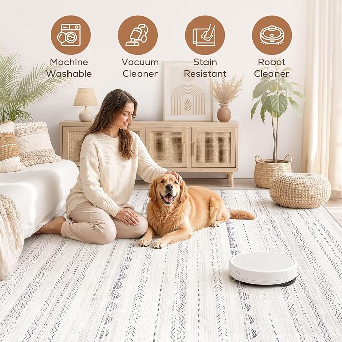 Nakagishi Boho 6x9 Area Rug Living Room Rugs Machine Washable Gray | Soft, Pet & Kid Friendly, Carpet for Living Room/Bedroom/Office/Kitchen/Nursery, Daily Home Decor Stain Resistant Moroccan